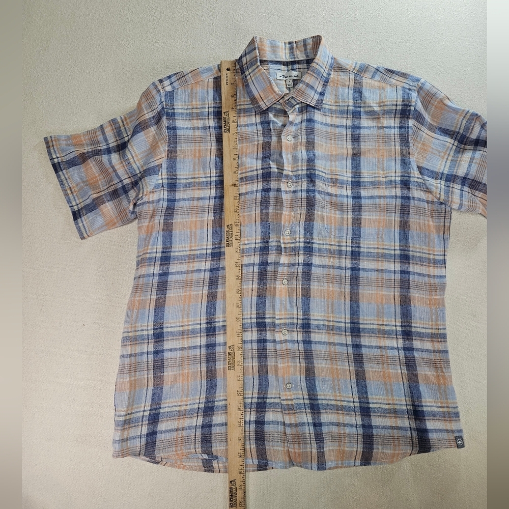 Peter Millar Linen Shirt Large Blue Orange Plaid Short Sleeve - Picture 4 of 6